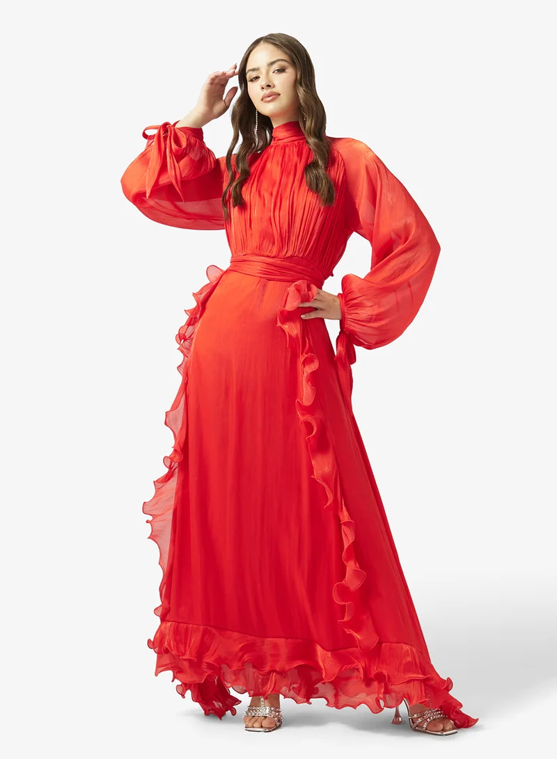 Ginger Boutique Mockneck Gather Frill Detail A Line Dress